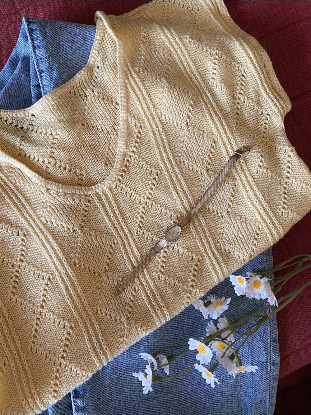 Vintage Butter Yellow Pointelle Sweater Tee | Made in USA